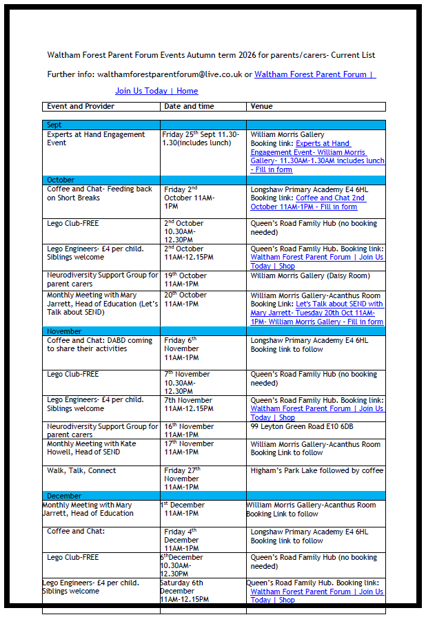 Waltham Forest Parent Forum Events Autumn term 2026